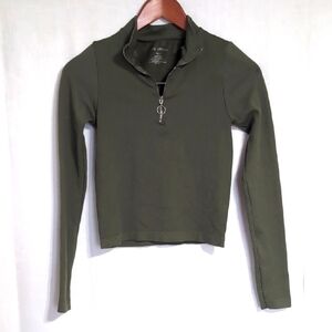 Love Streak Olive Green Ribbed Long Sleeve Quarter Zip Cropped Top Size Small